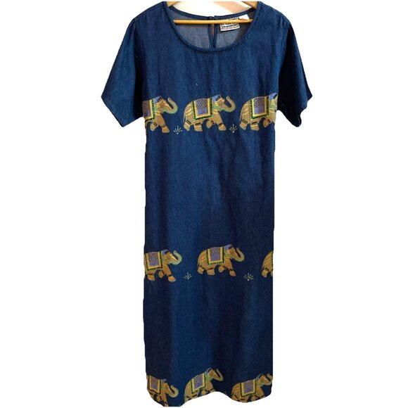MOLATO Embellished Denim Dress Size L Blue Elephants Embroidered Beaded Cotton - Picture 1 of 11